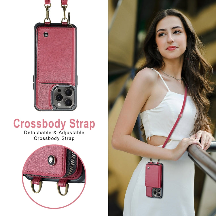For iPhone 16 Pro Max JEEHOOD C22 Series Zipper Wallet Leather Phone Case with Dual Lanyard(Red)