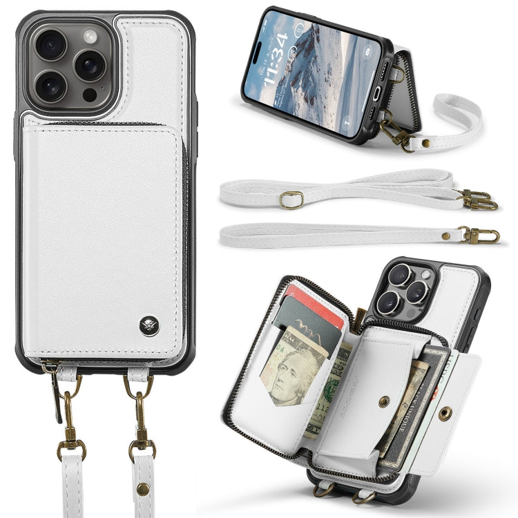 For iPhone 16 Pro Max JEEHOOD C22 Series Zipper Wallet Leather Phone Case with Dual Lanyard(White)
