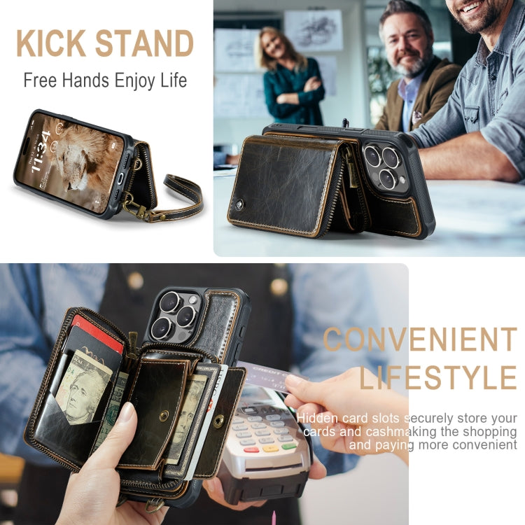 For iPhone 16 Pro Max JEEHOOD C22 Series Zipper Wallet Leather Phone Case with Dual Lanyard(Coffee)