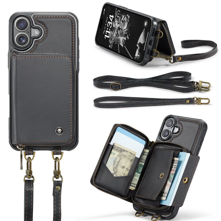 For iPhone 16 Plus JEEHOOD C22 Series Zipper Wallet Leather Phone Case with Dual Lanyard(Black)