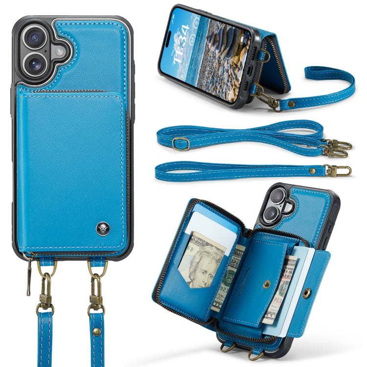 For iPhone 16 Plus JEEHOOD C22 Series Zipper Wallet Leather Phone Case with Dual Lanyard(Blue)