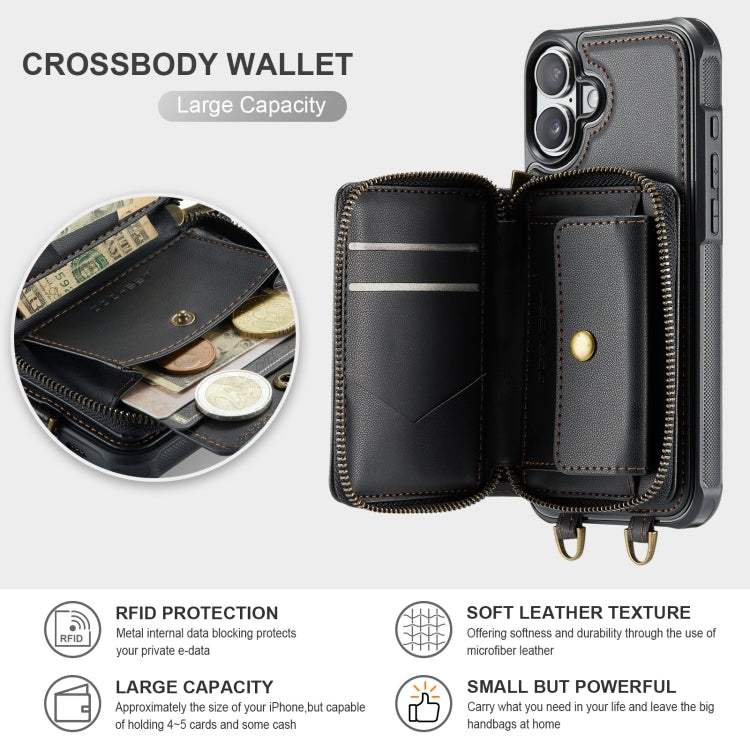 For iPhone 16 Plus JEEHOOD C22 Series Zipper Wallet Leather Phone Case with Dual Lanyard(Coffee)