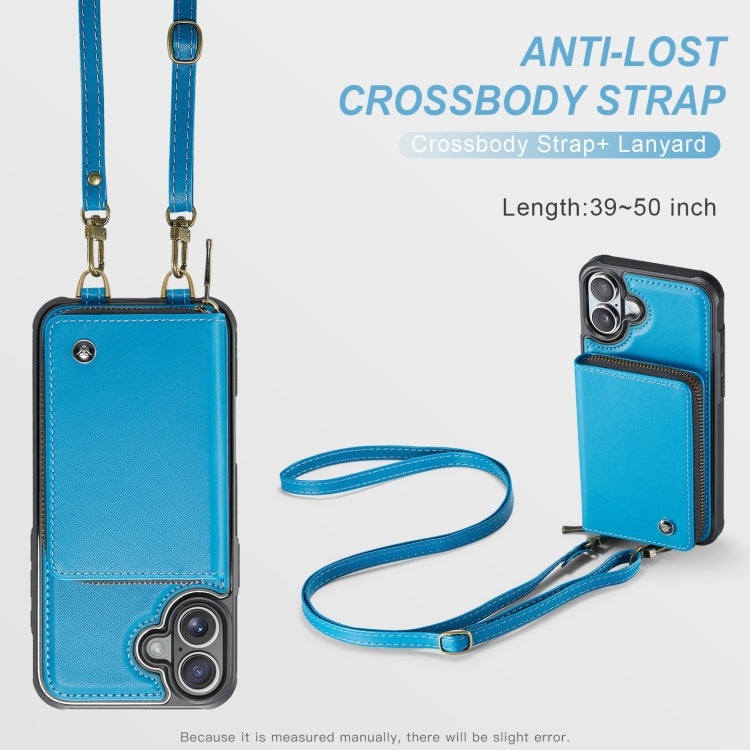 For iPhone 16 JEEHOOD C22 Series Zipper Wallet Leather Phone Case with Dual Lanyard(Blue)