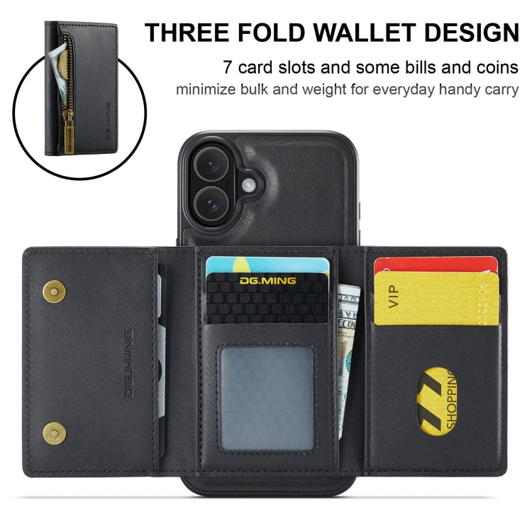For iPhone 16 DG.MING M5 Series Zip RFID Multi Card Detachable Leather Phone Case(Black)