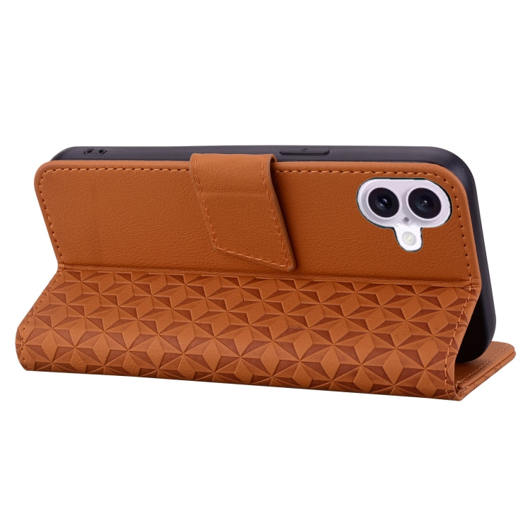For iPhone 16 Plus Business Diamond Buckle Leather Phone Case with Lanyard(Brown)