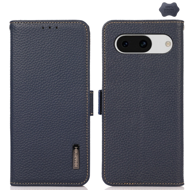 For Google Pixel 8a KHAZNEH Side-Magnetic Litchi Genuine Leather RFID Phone Case(Blue) - Google Cases by PMC Jewellery | Online Shopping South Africa | PMC Jewellery | Buy Now Pay Later Mobicred