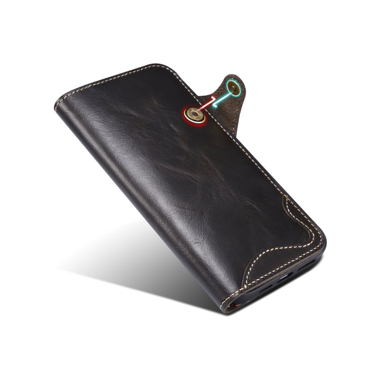 For iPhone 15 Pro Max Denior Oil Wax Cowhide Magnetic Button Genuine Leather Case(Black) - free shipping - PMC Jewellery - Order now!