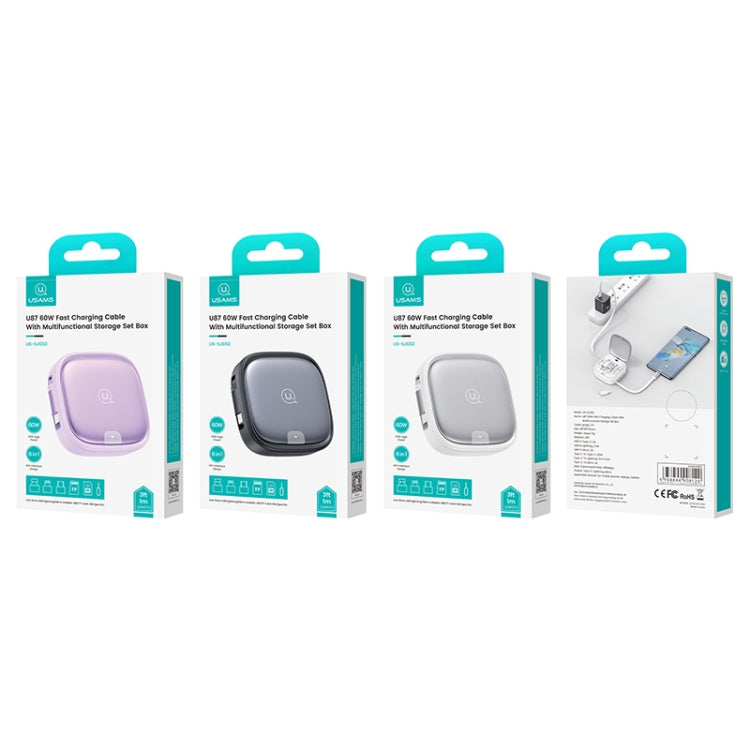 USAMS US-SJ650 U87 60W USB To Type-C To Type-C 8 Pin + Micro USB Multifunctional Telescopic Storage Box Data Cable, Length: 1m(Purple) - free shipping - PMC Jewellery - Order now!