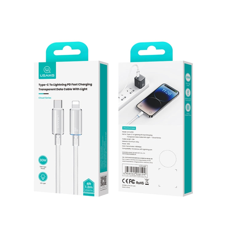 USAMS Type-C To 8 Pin Aluminum Alloy Clear LED 30W PD Fast Charge Data Cable, Length:1.2m(Black) - free shipping - PMC Jewellery - Order now!