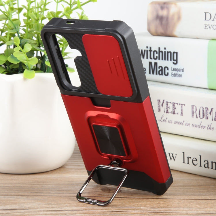 For Samsung Galaxy S24 5G Camera Shield Card Slot PC+TPU Phone Case(Red) - Galaxy S24 5G Cases by PMC TechLife | Online Shopping South Africa | PMC TechLife