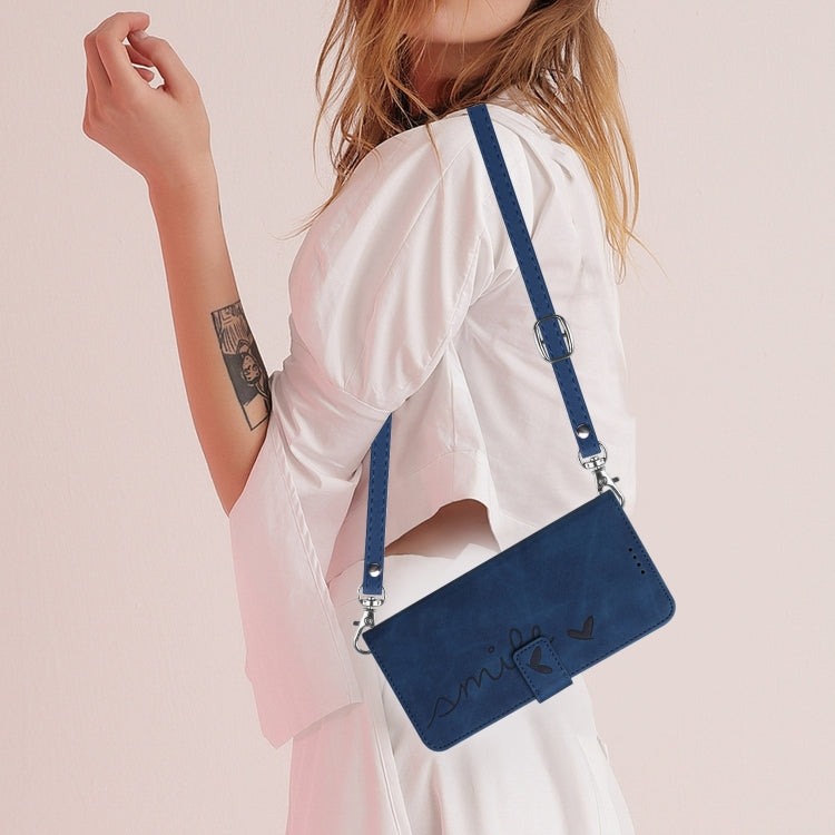 For Motorola Moto G Play 2024 Skin Feel Heart Embossed Leather Phone Case with Long Lanyard(Blue) - Motorola Cases by PMC Jewellery | Online Shopping South Africa | PMC Jewellery | Buy Now Pay Later Mobicred