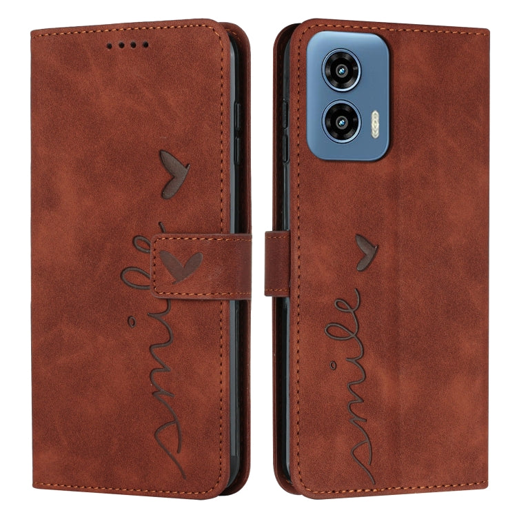 For Motorola Moto G Play 5G 2024 / G 5G 2024 Skin Feel Heart Embossed Leather Phone Case with Long Lanyard(Brown)