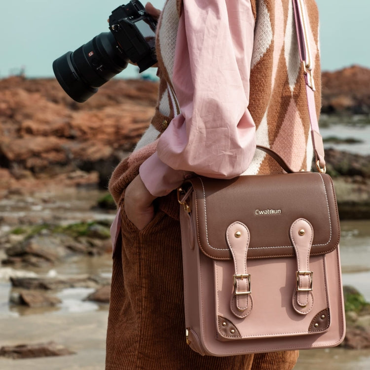 Cwatcun D81 Retro Camera Crossbody Bag Vintage PU Leather Waterproof Camera Handbag(Brown Pink) - free shipping - PMC TechLife - Order now!