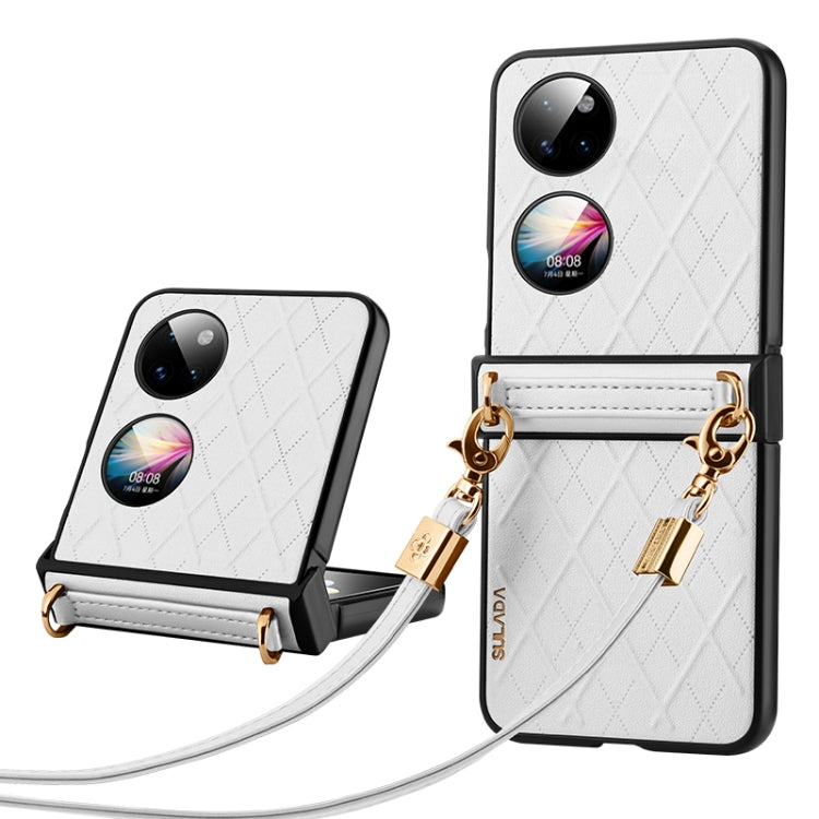 For Huawei P50 Pocket SULADA Elegant Rhombic Texture Folding Phone Case with Lanyard(White)