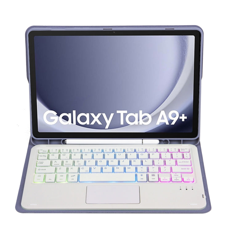 For Samsung Galaxy Tab A9+ X210/X215/X215 A09B-AS Candy Color Touch Backlight Bluetooth Keyboard Leather Tablet Case with Pen Holder(Purple)