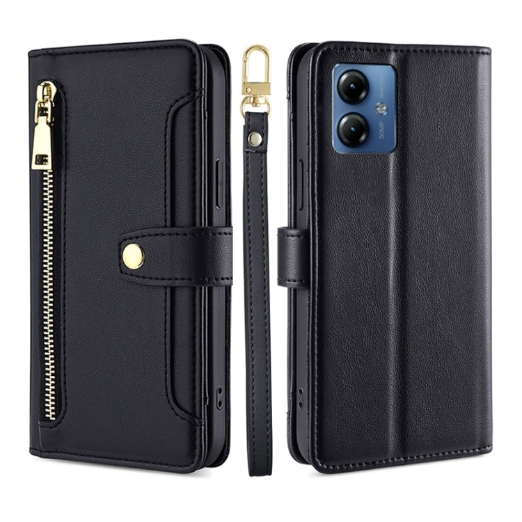 For Motorola Moto G14 4G Lite Sheep Texture Cross-body Zipper Wallet Leather Phone Case(Black)