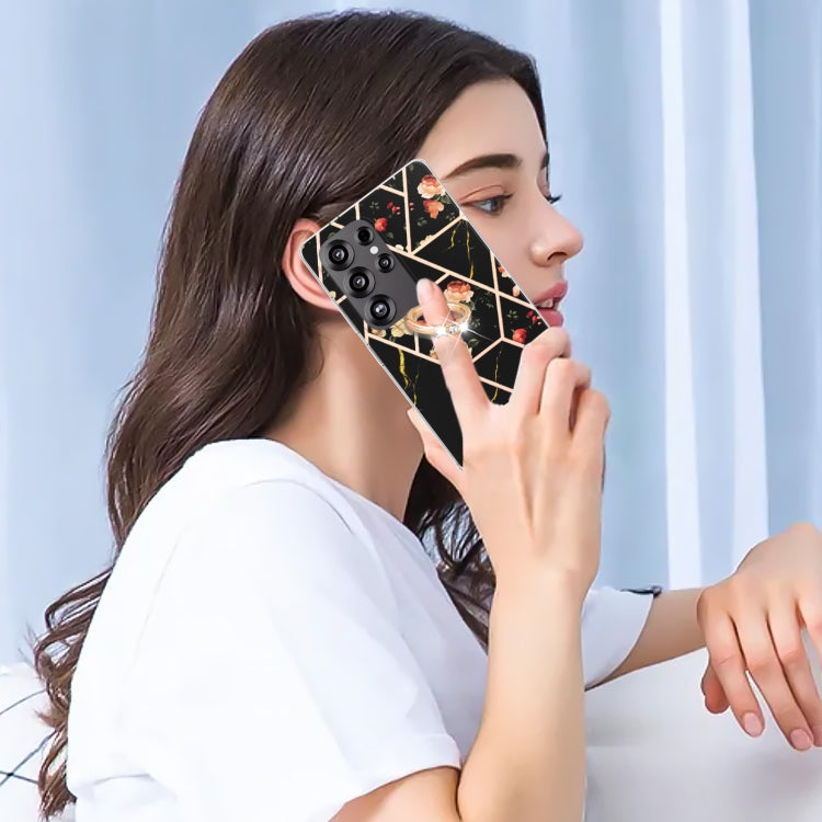 For Samsung Galaxy S25 Ultra 5G Electroplating Splicing Marble Flower Pattern TPU Shockproof Case with Rhinestone Ring Holder(Black Flower) - free shipping - PMC TechLife - Order now!