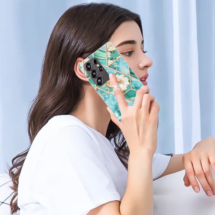 For Samsung Galaxy S25 Ultra 5G Electroplating Splicing Marble Flower Pattern TPU Shockproof Case with Rhinestone Ring Holder(Blue Flower)
