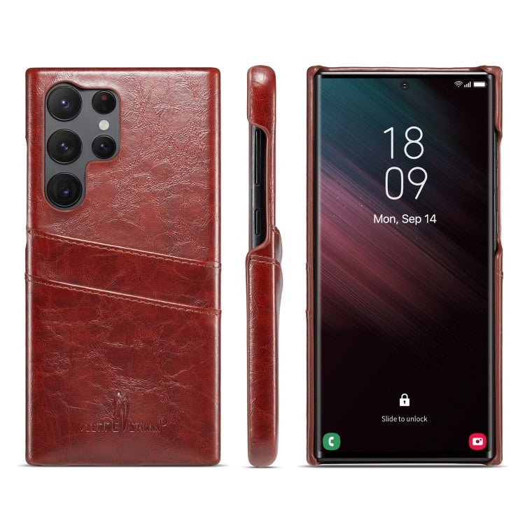 For Samsung Galaxy S24 Ultra 5G Fierre Shann Oil Wax Texture Leather Phone Case with Card Slots(Brown)