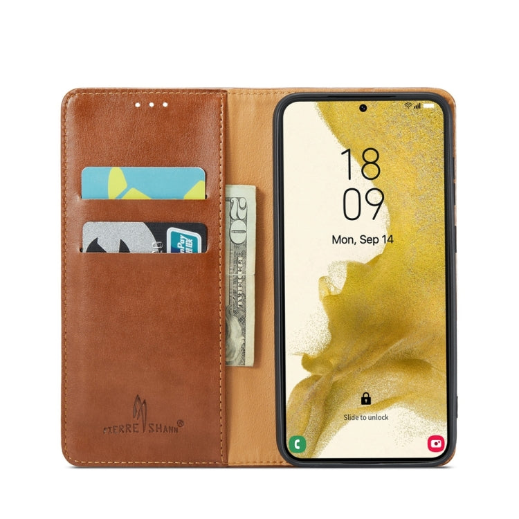 For Samsung Galaxy S24+ 5G Fierre Shann PU Genuine Leather Texture Phone Case(Brown)