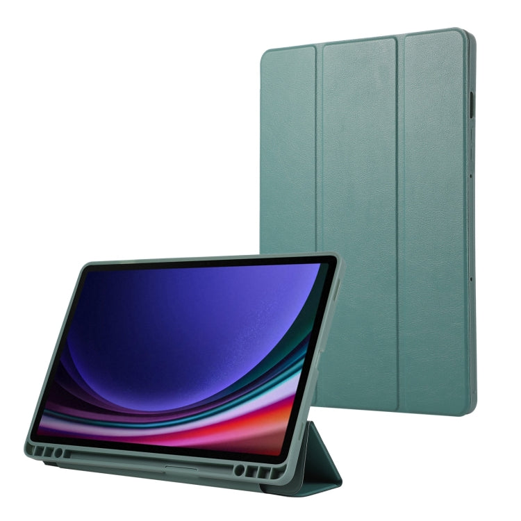 For Samsung Galaxy Tab S10 FE / S9 FE 3-Fold Pure Color TPU Leather Tablet Case with Pen Slot(Dark Green)