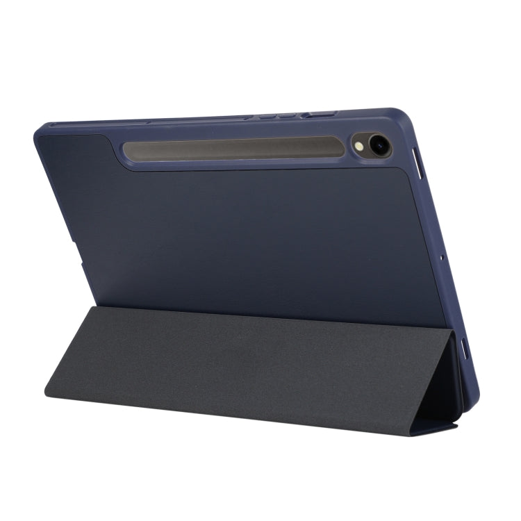 For Samsung Galaxy Tab S10 FE / S9 3-Fold Pure Color TPU Leather Tablet Case with Pen Slot(Dark Blue)