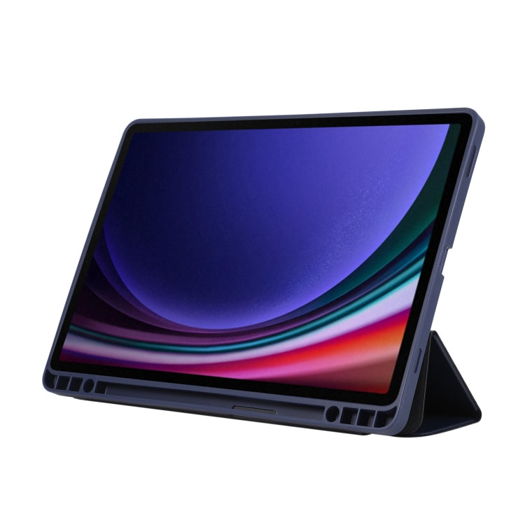 For Samsung Galaxy Tab S10 FE / S9 3-Fold Pure Color TPU Leather Tablet Case with Pen Slot(Dark Blue)