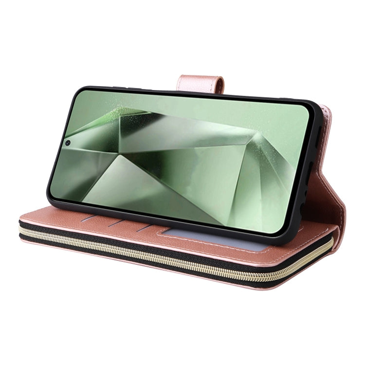 For Samsung Galaxy S24 FE 5G 9-Card Slots Zipper Wallet Bag Leather Phone Case(Rose Gold)