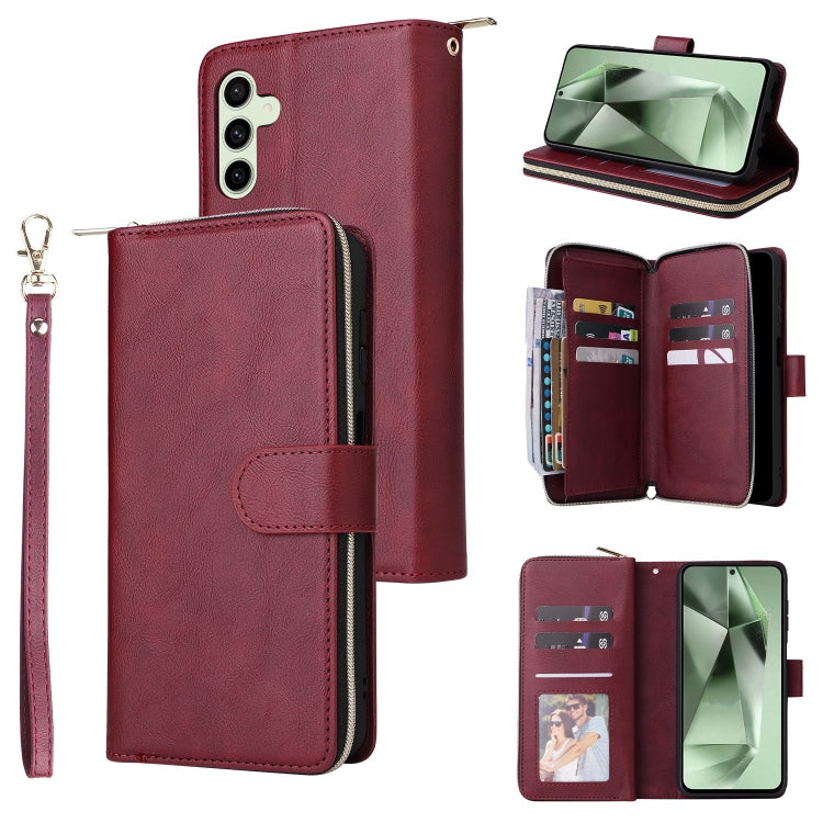 For Samsung Galaxy S24 FE 5G 9-Card Slots Zipper Wallet Bag Leather Phone Case(Wine Red)