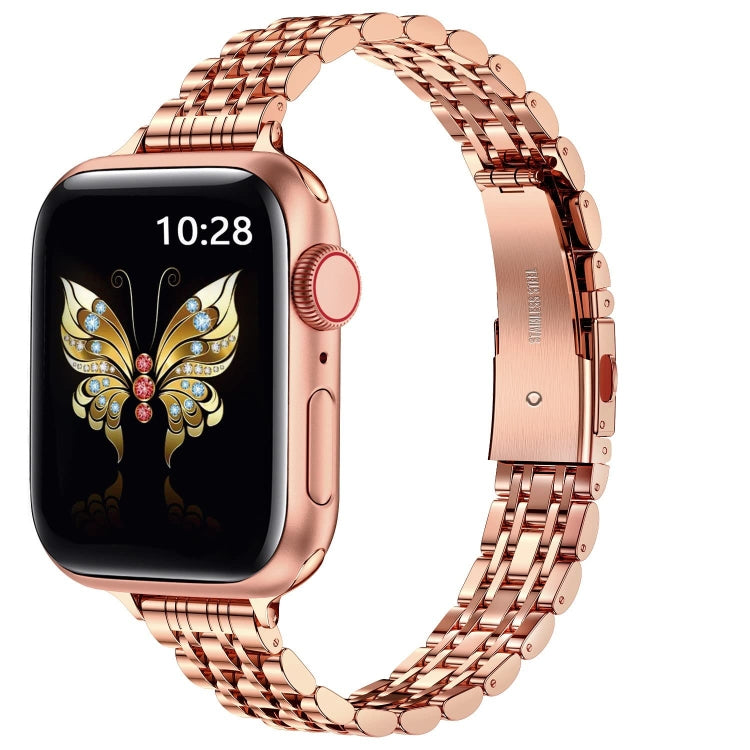For Apple Watch SE 2023 44mm Slim Seven Bead Slingshot Buckle Metal Watch Band(Rose Gold)