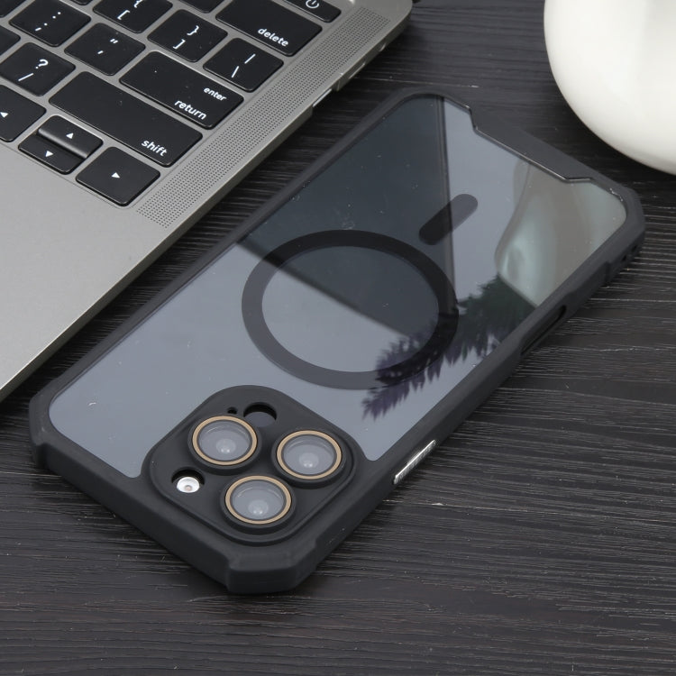 For iPhone 16 Pro Max Colorful Two-Color Lens Film MagSafe Magnetic Horn Acrylic+TPU Case(Black)