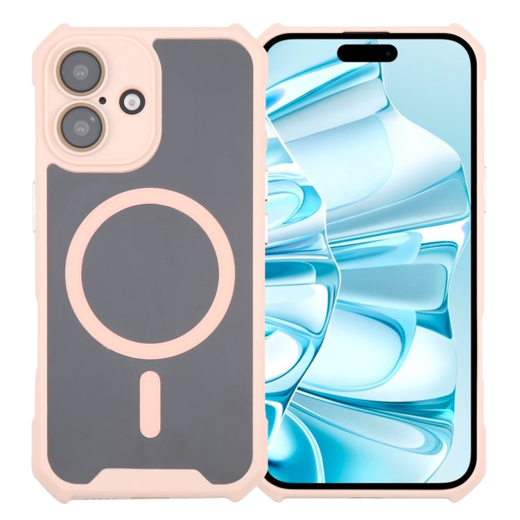 For iPhone 16 Colorful Two-Color Lens Film MagSafe Magnetic Horn Acrylic+TPU Case(Pink)