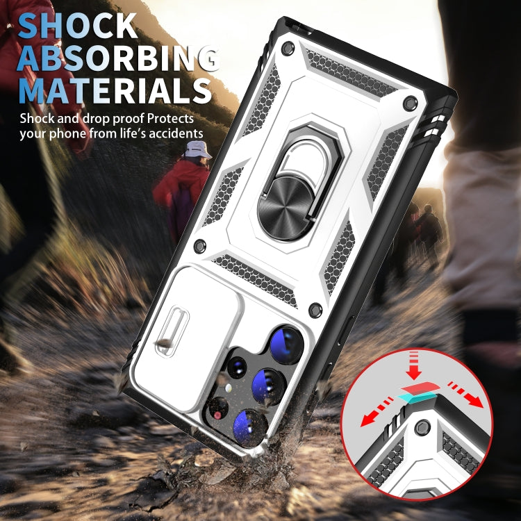 For Samsung Galaxy S24 Ultra 5G Sliding Camshield TPU + PC Phone Case with Holder(White+Black)