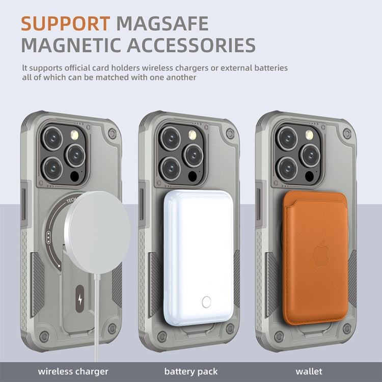 For iPhone 14 Pro Max Armor Magsafe Holder PC Hybrid TPU Phone Case(Grey) - iPhone 14 Pro Max Cases by PMC TechLife | Online Shopping South Africa | PMC TechLife | Buy Now Pay Later Mobicred