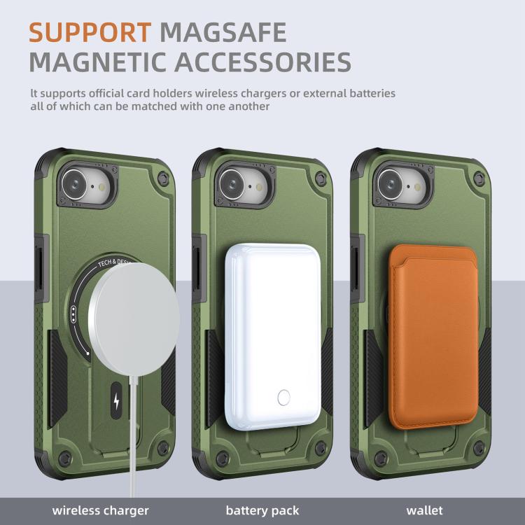 For iPhone 16e Armor Magsafe Holder PC Hybrid TPU Phone Case(Army Green) - iPhone 16e Cases by PMC TechLife | Online Shopping South Africa | PMC TechLife | Buy Now Pay Later Mobicred