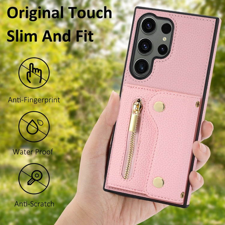 For Samsung Galaxy S24 Ultra DF-09 Crossbody Litchi texture Card Bag Design PU Phone Case(Pink)