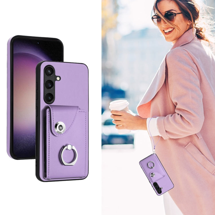 For Samsung Galaxy S24 5G Organ Card Bag Ring Holder PU Phone Case with Lanyard(Purple) - Galaxy S24 5G Cases by PMC TechLife | Online Shopping South Africa | PMC TechLife