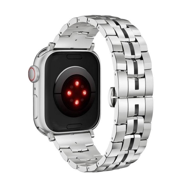 For Apple Watch SE 2022 44mm Butterfly Buckle 5-Beads Metal Watch Band(Silver Black)