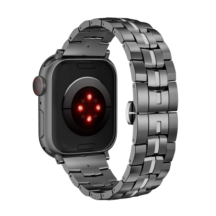 For Apple Watch 42mm Butterfly Buckle 5-Beads Metal Watch Band(Black Silver)