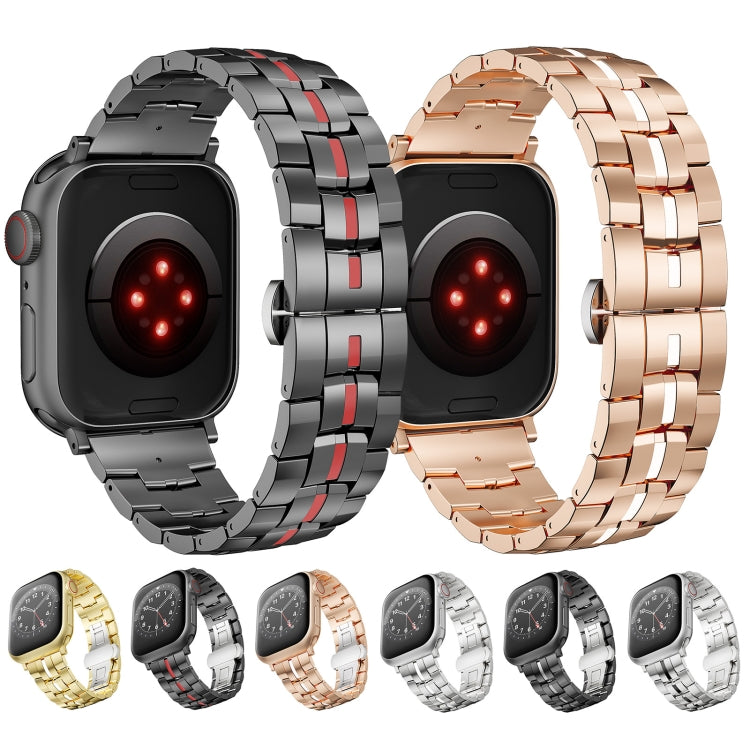 For Apple Watch Series 5 44mm Butterfly Buckle 5-Beads Metal Watch Band(Black Silver) - Watch Bands by PMC TechLife | Online Shopping South Africa | PMC TechLife