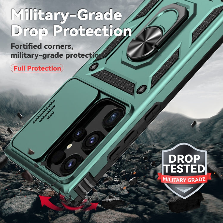 For Samsung Galaxy S24 Ultra 5G Sliding Camshield Holder Phone Case(Dark Green)