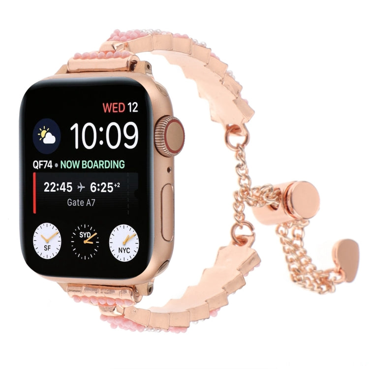 For Apple Watch Series 8 45mm Shell Beads Chain Bracelet Metal Watch Band(Pink White Rose Gold)