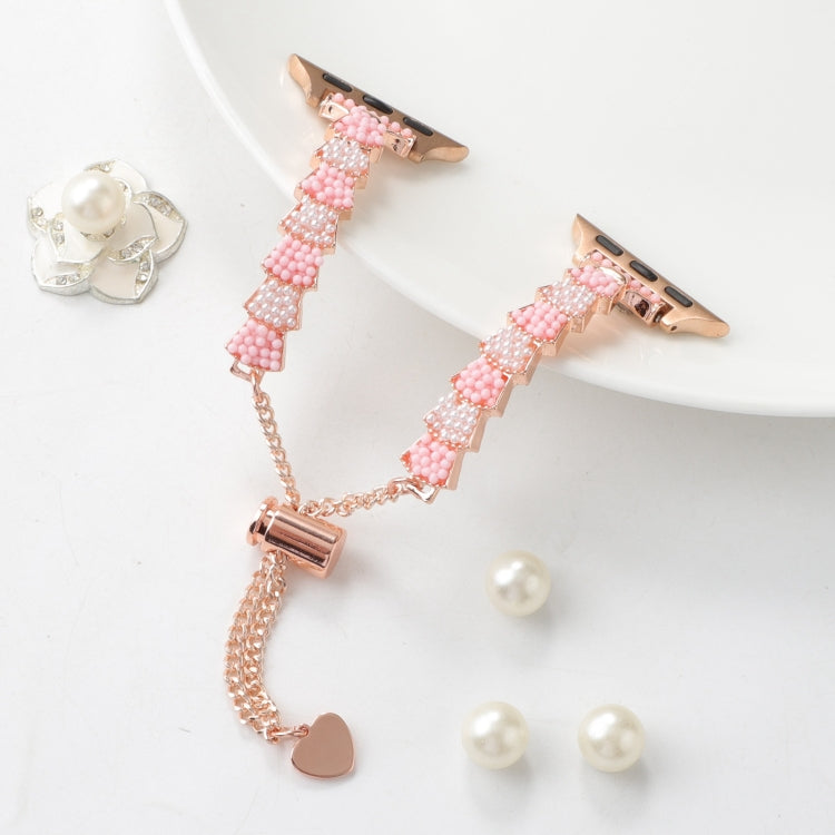 For Apple Watch Series 2 42mm Shell Beads Chain Bracelet Metal Watch Band(Pink White Rose Gold)