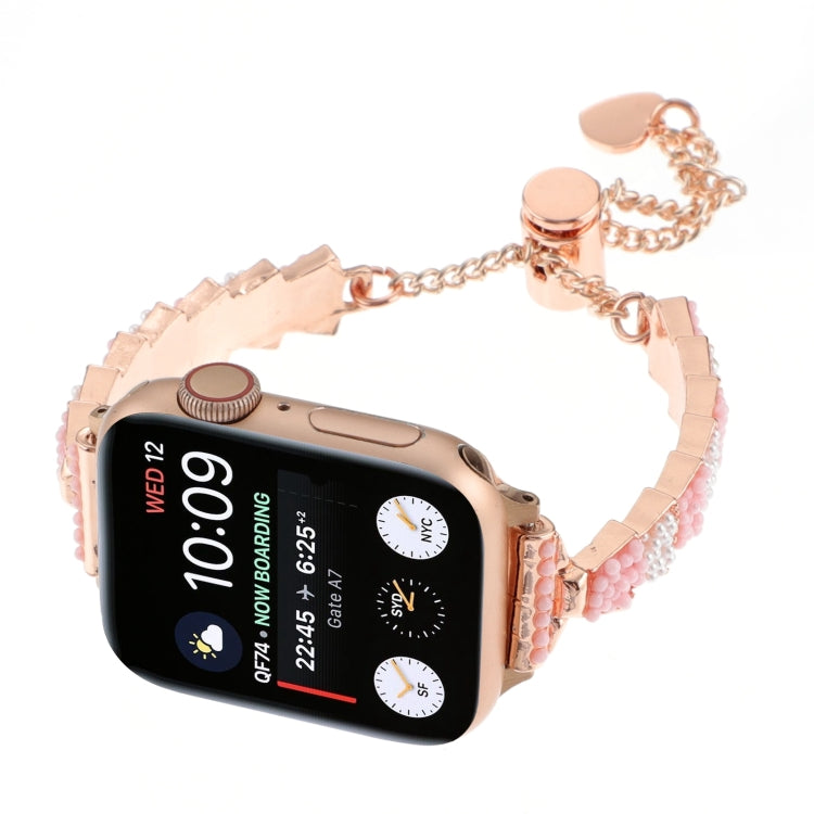 For Apple Watch Series 2 42mm Shell Beads Chain Bracelet Metal Watch Band(Pink White Rose Gold)