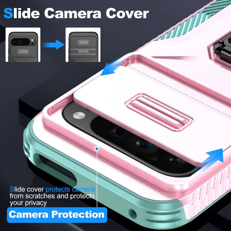 For Google Pixel 9 Pro XL Sliding Camshield Holder Phone Case(Pink + Grey Green) - Google Cases by PMC TechLife | Online Shopping South Africa | PMC TechLife | Buy Now Pay Later Mobicred