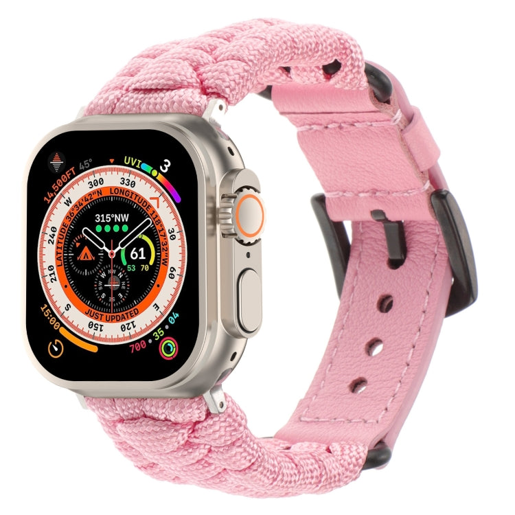 For Apple Watch Ultra 2 49mm Plain Paracord Genuine Leather Watch Band(Pink)