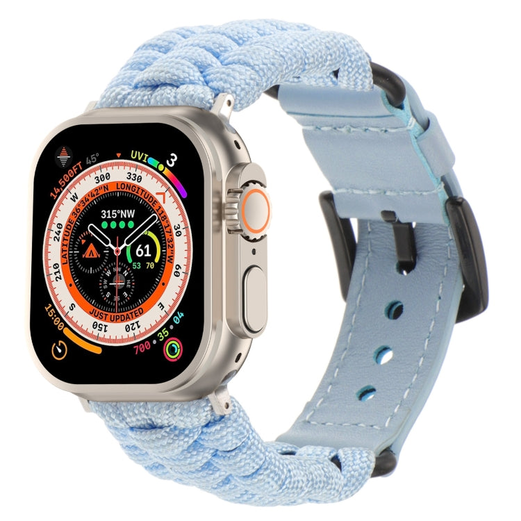 For Apple Watch Ultra 49mm Plain Paracord Genuine Leather Watch Band(Baby Blue)