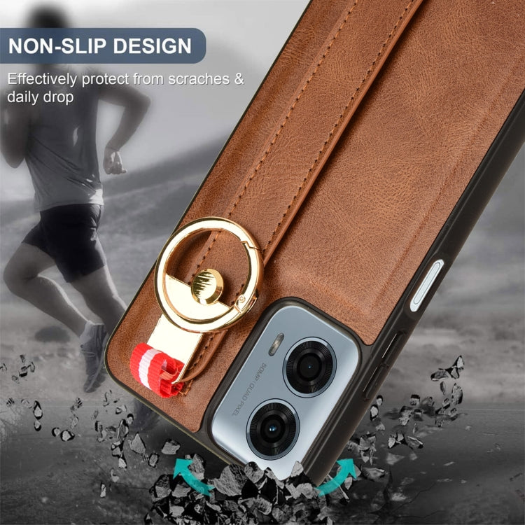 For Motorola Moto G Play 5G 2024 Wristband Leather Back Phone Case(Brown) - Motorola Cases by PMC Jewellery | Online Shopping South Africa | PMC Jewellery | Buy Now Pay Later Mobicred