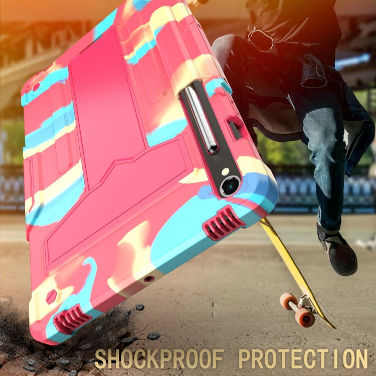 For Samsung Galaxy Tab S9 FE / S9 T Holder Robot Silicone Hybrid PC Tablet Case(Camouflage Rose Red)