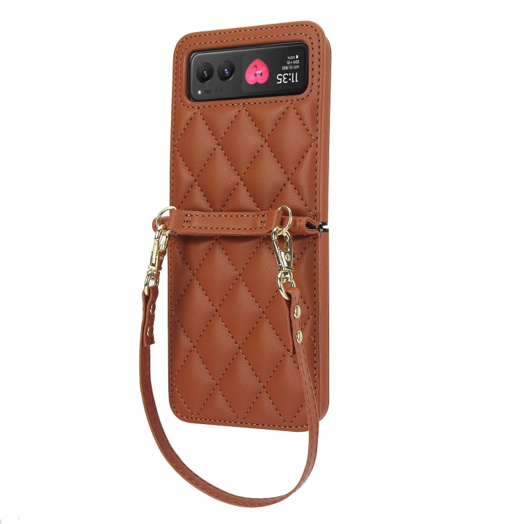 For Motorola Razr 40 Rhombic Texture Phone Case with Long & Short Lanyard(Brown) - Motorola Cases by PMC Jewellery | Online Shopping South Africa | PMC Jewellery | Buy Now Pay Later Mobicred